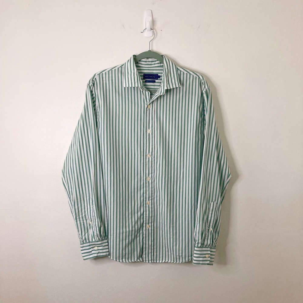 Biltmore Mens Green White Striped Button Down Shirt 100% Cotton M Long Sleeve